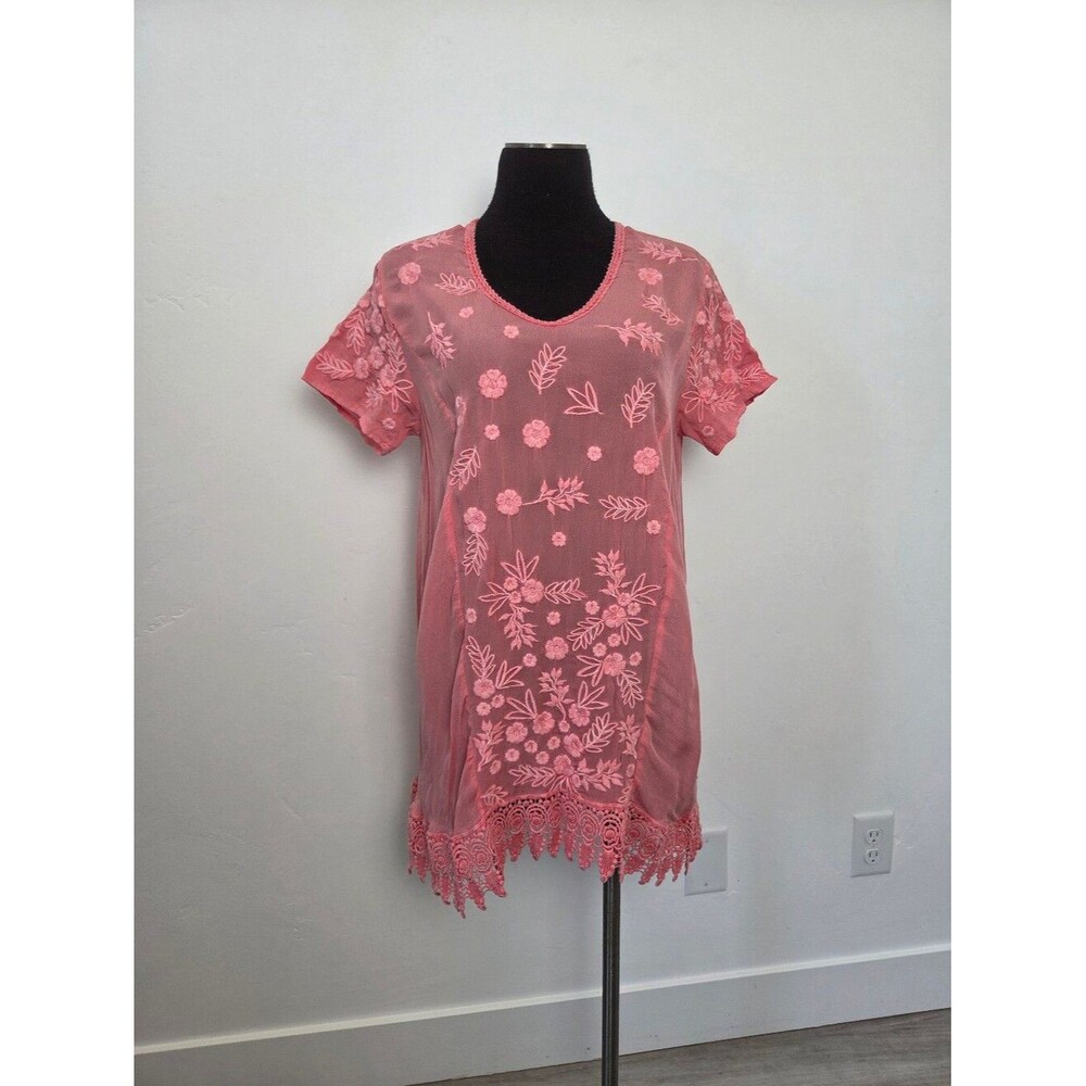 Karyn Seo Coral Pink Tunic Blouse Top Lace Trim Embroidered Floral Boho Beach XL